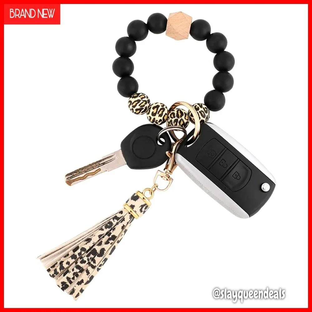 Silicone Beaded Bracelet Keychain with Leather Tassel - One Size Stretch Fit